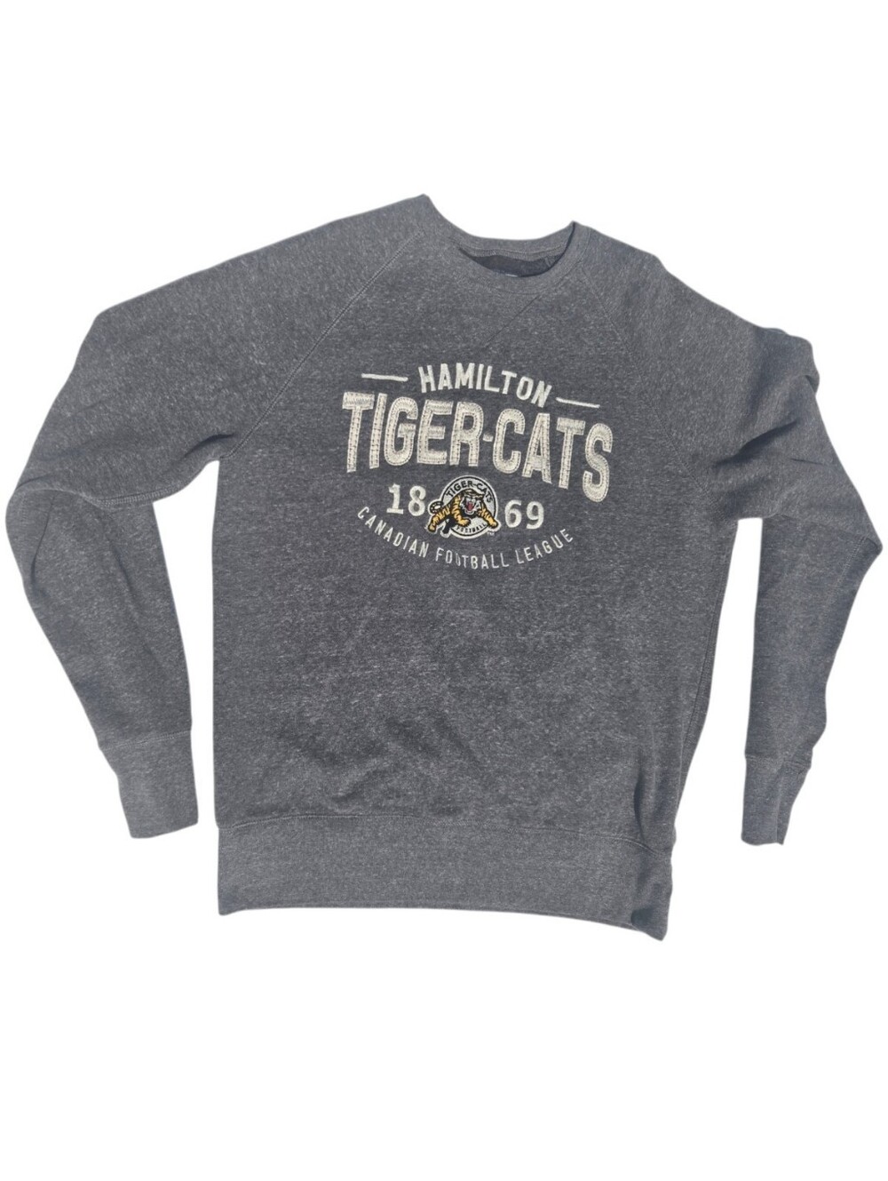 Hamilton Tiger-Cats Vintage Heathered Gray Crewneck Sweatshirt Box Embroidery.